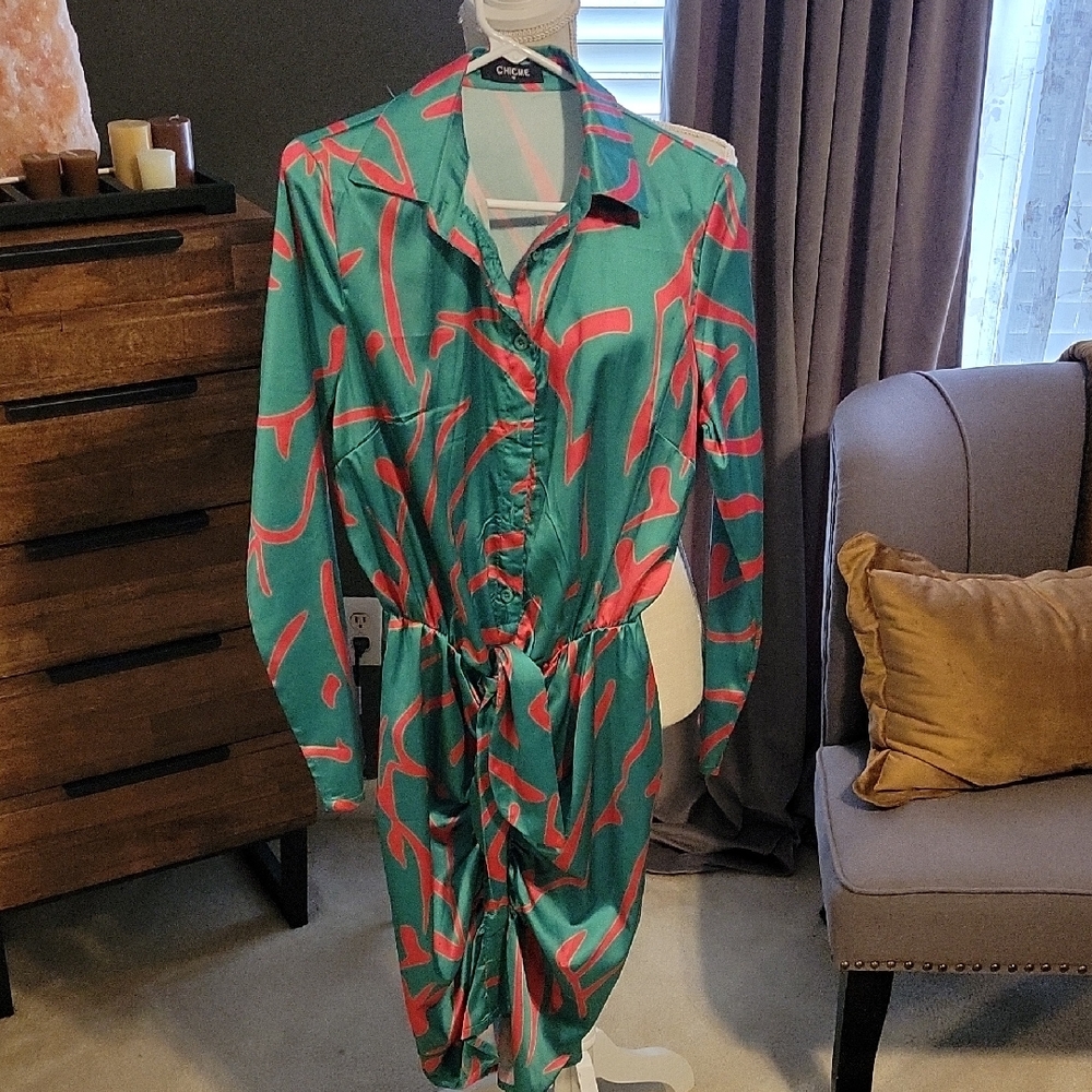 Chic Teal and Coral Button-Up Dress